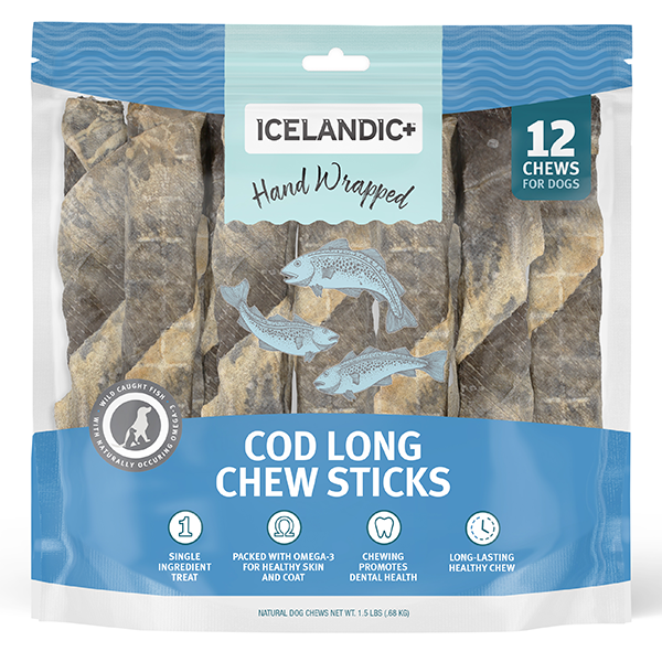 Hand Wrapped Cod Skin Long 10" Chew Sticks for Dogs - 12 Pack