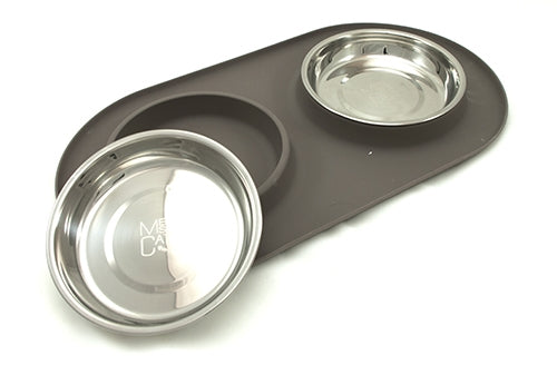 Messy Mutts Double Silicone Cat Feeder with Stainless Bowls - Grey