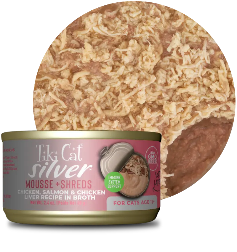 Tiki Cat Silver Chicken & Chicken Liver Mousse & Shreds Senior Wet Cat Food - 2.4 oz